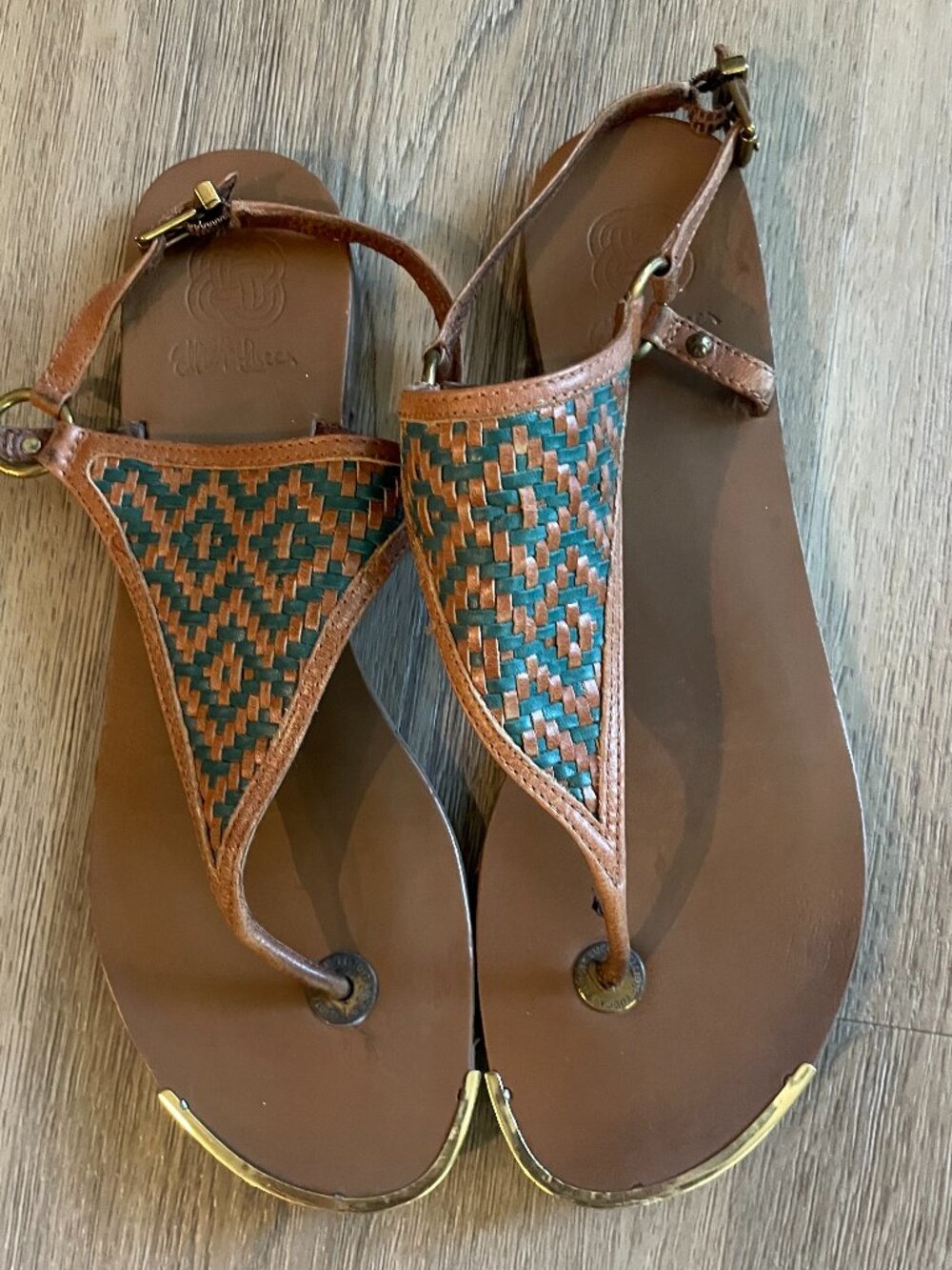 Elliott Lucca Women's Brown Green Thong Sling Back Leather Sandal Shoes 10